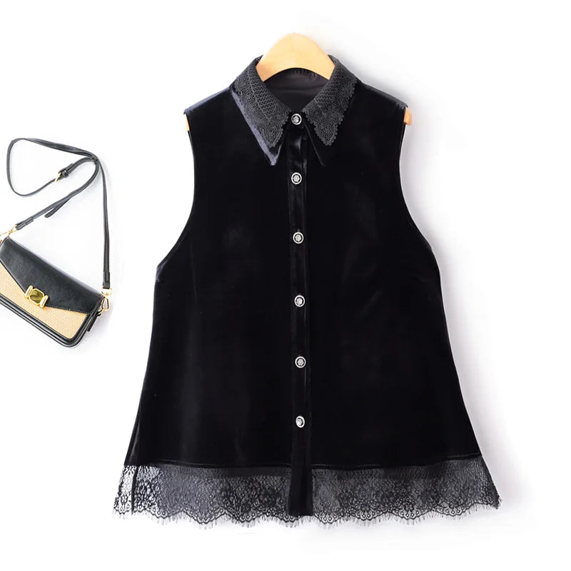 Women Turn Down Collar Crocheted Lace Single Breasted Cardigan Mid Length A Line Velvet Ruffled Sleeveless Jackets-1