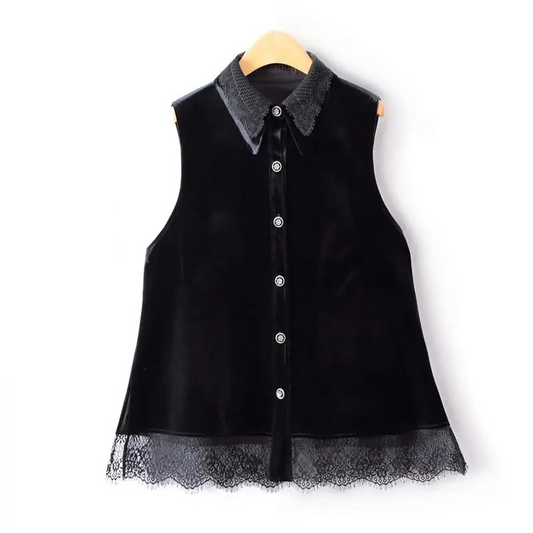 Women Turn Down Collar Crocheted Lace Single Breasted Cardigan Mid Length A Line Velvet Ruffled Sleeveless Jackets-0